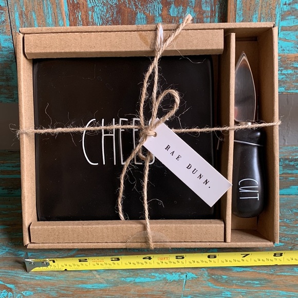 New Rae Dunn by Magenta Cut Cheese Black Ceramic Board and Knife Entertaining - Picture 2 of 6